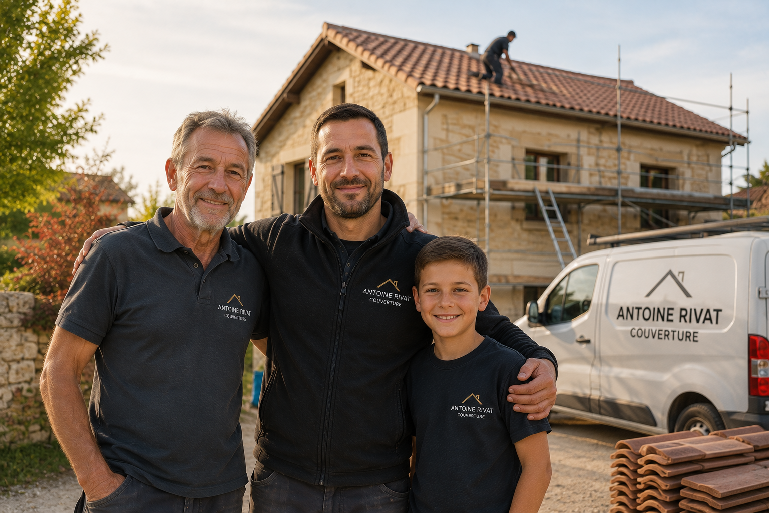 Trois générations d'artisans couvreurs Antoine Rivat devant un chantier de toiture à Amilly près de Montargis